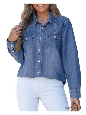 Denim Button Down Shirt Long Sleeve Western Jean Top